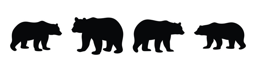 Fototapeta premium Four silhouettes of black bears in various poses against a white backdrop