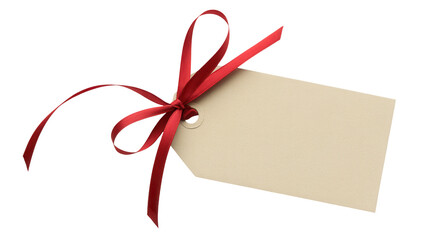 A blank beige gift tag tied with a red satin ribbon bow isolated on transparent background