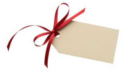A blank beige gift tag tied with a red satin ribbon bow isolated on transparent background