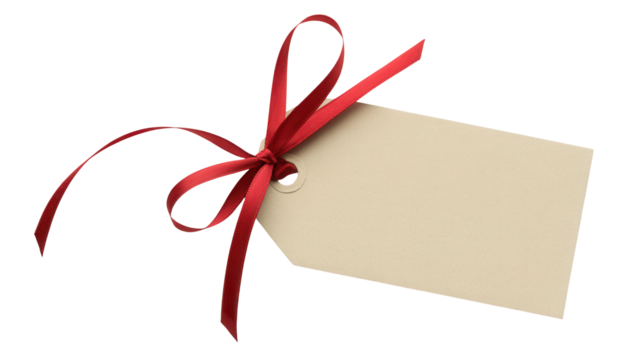 A blank beige gift tag tied with a red satin ribbon bow isolated on transparent background - Powered by Adobe