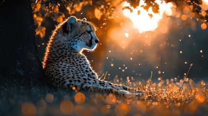 Majestic cheetah resting under a tree at sunset.