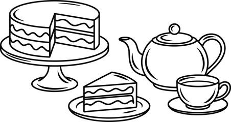Tea time line drawing, layered cake with slice, teapot and teacup illustration, dessert plate vector, elegant afternoon tea outline design