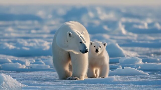 A polar bear cub arctic ice snow winter wildlife family mother protection nature cold frozen sea ice tundra survival climate predator mammal white habitat north conservation wilderness serene frost