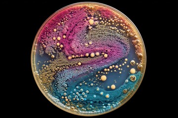 Colorful Abstract Petri Dish Culture with Bubbles and Microorganisms on Black Background, Science Experiment, Microbiology Research, Biology Concept