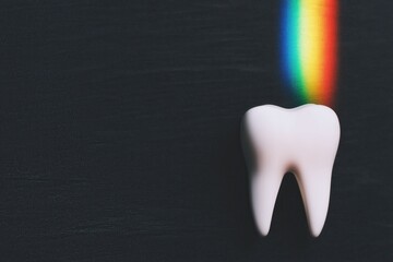 Tooth with Rainbow Light on Dark Background, Dental Health Concept, Clean White Molar, Oral Hygiene, Bright Colors, Dental Care, Creative Dentistry Image