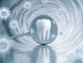 Tooth Under Magnifying Glass with Virus Bacteria, Dental Health Concept, Oral Hygiene and Protection, Medical Illustration, Blue Tones, Abstract Background