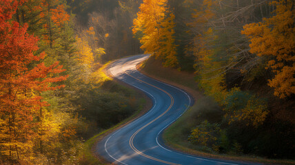 Fototapeta premium Winding Road Through Vibrant Autumn Forest with Colorful Foliage and Warm Sunlight