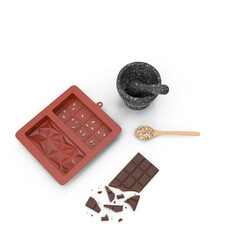 DIY chocolate making ingredients with mold, mortar, and sunflower seeds. isolated PNG