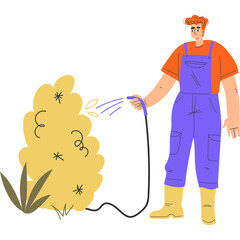 Gardener Watering a Bush With a Hose Dressed in Blue Overalls and Yellow Boots Outside On A Sunny Day