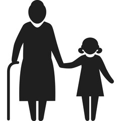 Generational Connection Elderly Woman Holding Hand of Young Girl Togetherness and Support In Silhouette Form With Walking Cane And Pigtails On Transparent Background