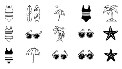 Set of black and white summer vacation icons swimsuits, surfboards, sunglasses, palm trees, umbrellas, and starfish