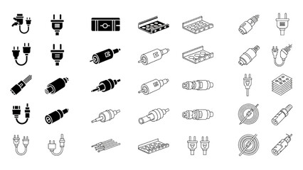Collection of electrical plugs, cables, and connectors for various devices