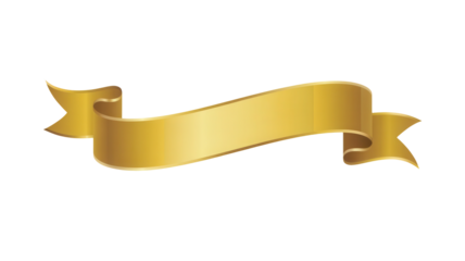 A realistic golden ribbon banner with elegant curves and flowing ends isolated on transparent background