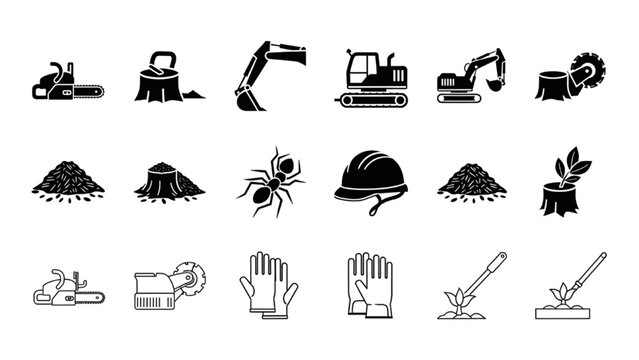 A collection of black glyph icons for the timber and logging industry