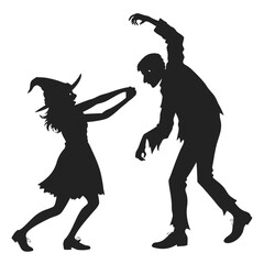 Silhouette of a witch casting a spell on a zombie in a spooky halloween scene