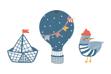 Adventure and travel set: boat, balloon, seagull. Collection of illustrations in playful child-friendly style, hand-drawn, bright palette. Isolated design elements on white background
