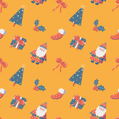 Christmas seamless pattern. Traditional holiday symbols: Santa Claus, Christmas tree, presents and decorations. Hand-drawn in playful child-friendly style. Bright palette, joyful yellow background