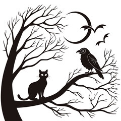 Fototapeta premium Silhouette of a black cat and a crow perched on bare tree branches against a crescent moon and flying birds