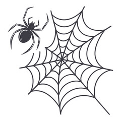 A stylized illustration of a dark spider positioned near a detailed spiderweb on a white background