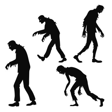 Four silhouettes of grotesque zombies with tattered clothing and glowing eyes walking in different poses