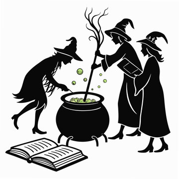 Three witches in silhouette wearing pointed hats stirring a bubbling cauldron with a spell book open nearby