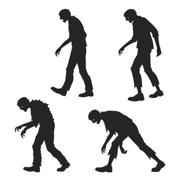 Silhouette of four menacing zombies walking and lurking with tattered clothing in a dark and creepy halloween scene