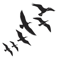 Silhouette of a flock of birds flying in formation, creating a sense of freedom and migration with their graceful wings against the clear sky