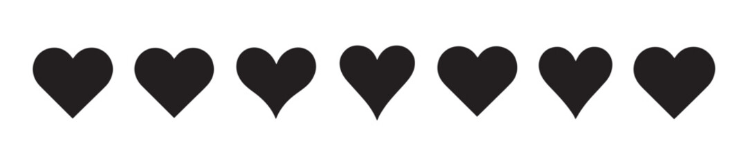 Various simple black vector heart love icon set.