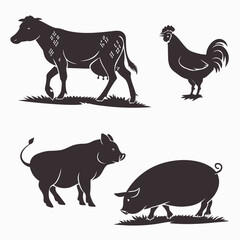 Silhouette of farm animals including a cow, rooster, pig, and hog, represents agriculture, rural life, and animal husbandry in a simple design