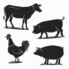 Farm animals silhouettes cow, pig, rooster and sheep in black color, vector illustration for your design, perfect for prints and patterns