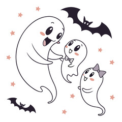 A heartwarming illustration featuring a family of adorable ghosts and bats, , perfect for adding a touch of sweetness to your halloween designs