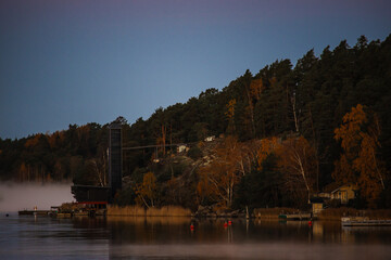 Golden sunrise over calm autumn sea with forest on the shore and gentle fog above the water, peaceful natural seascape and morning atmosphere
