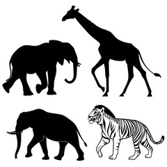 Silhouette of african animals giraffe, elephant, and tiger black and white vector illustration of wild animals from the savannah, perfect for safari