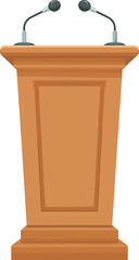 Wooden podium with two microphones for public speech, conference, presentation, seminar, political event, or business communication background