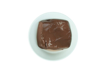 Pork Blood Pudding or Congealed Pork Blood or Pig Blood Curd  in white bowl isolated on white background with clipping path top view flat lay