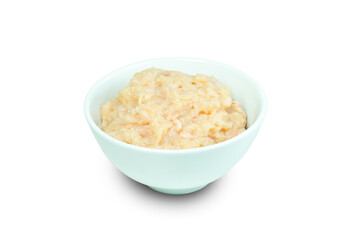 bowl of minced meat, Fresh minced chicken in white bowl isolated on white background with clipping path close up