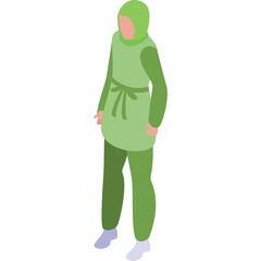 Isometric Person Wearing Green Modest Swimwear With Hijab and Purple Socks on a White Background