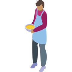 Isometric person wearing light blue apron and maroon long sleeve shirt holding a yellow bowl of soup with a white background
