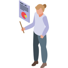 Isometric Person Presenting Pie Chart Data On Transparent Background With Pointer Stick In Hand