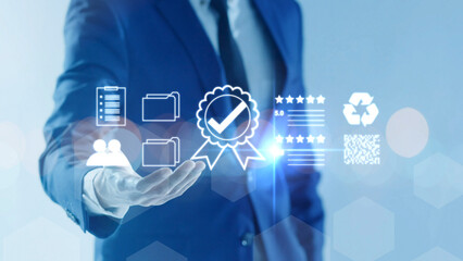 Corporate businessman completing a digital certify checklist for compliance and document verification using AI technology.