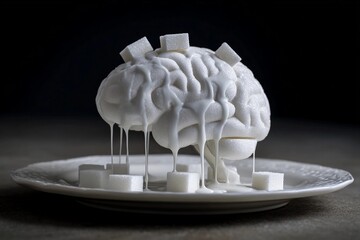Sugar cubes melting into a brain shape on a white plate in a dark setting Generative AI