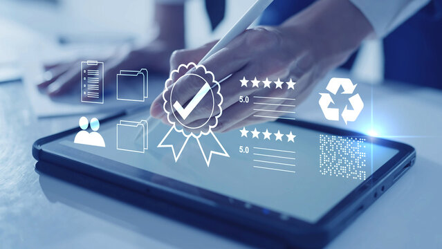Corporate businessman completing a digital certify checklist for compliance and document verification using AI technology.