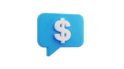 A bright blue chat bubble icon with a white dollar sign symbol inside representing financial communication or money transactions isolated on transparent background