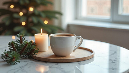 Coffee cup, cozy atmosphere, holiday setting with candle and pine decorations on a marble table