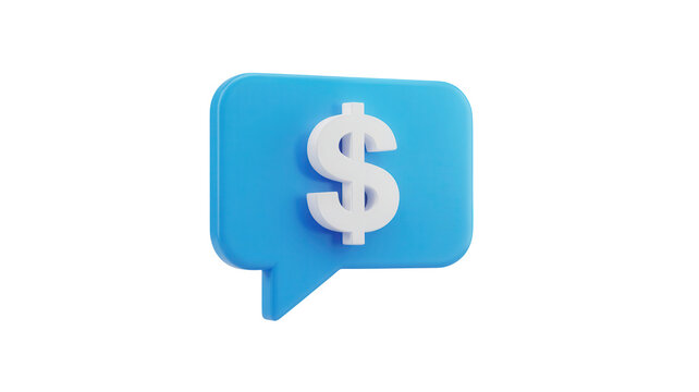 A bright blue chat bubble icon with a white dollar sign symbol inside representing financial communication or money transactions isolated on transparent background
