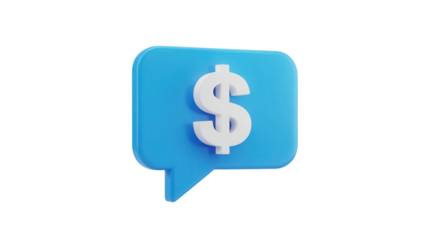 A bright blue chat bubble icon with a white dollar sign symbol inside representing financial communication or money transactions isolated on transparent background