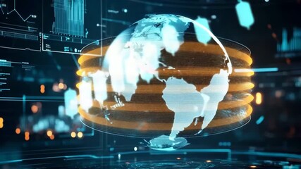 Rotating 3D globe in digital interface showcasing real-time data and global information - Powered by Adobe