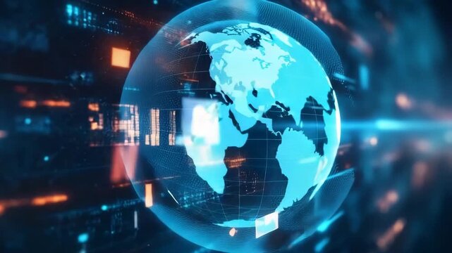 Rotating 3D globe in digital interface showcasing real-time data and global information - Powered by Adobe