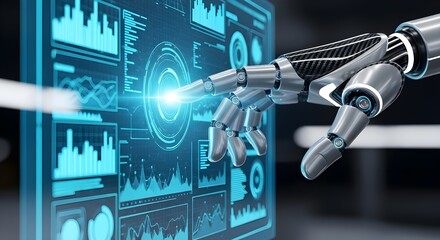 Futuristic robot hand touching digital hologram interface