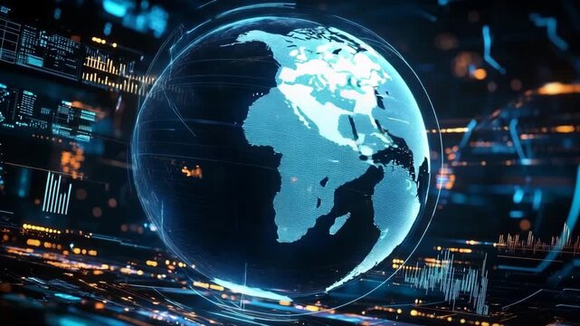Rotating 3D globe in digital interface showcasing real-time data and global information - Powered by Adobe